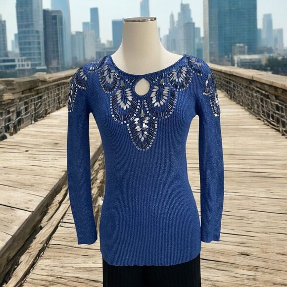 Blue Long Sleeve Ribbed Sequin Embellished Sweater M Glam Sparkly Festival Chic - Picture 1 of 11